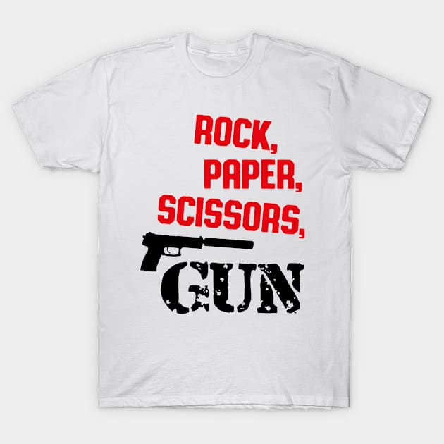 Rock, Paper, Scissors, Gun (Red) T-Shirt by nektarinchen